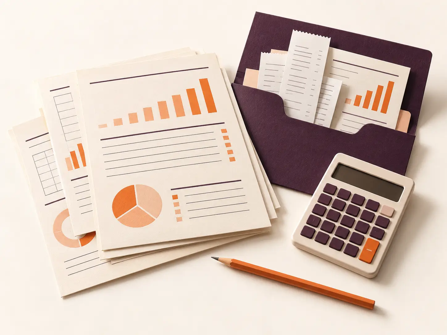 An illustration of organized bookkeeping reports, receipts and a calculator.