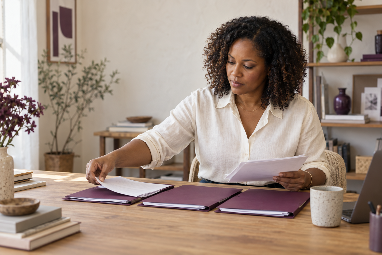 Business owner sorting financial paperwork into folders.