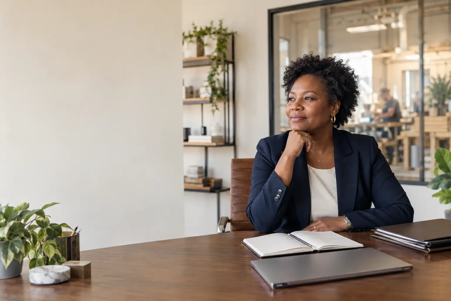 Business owner seated at her desk in a working office