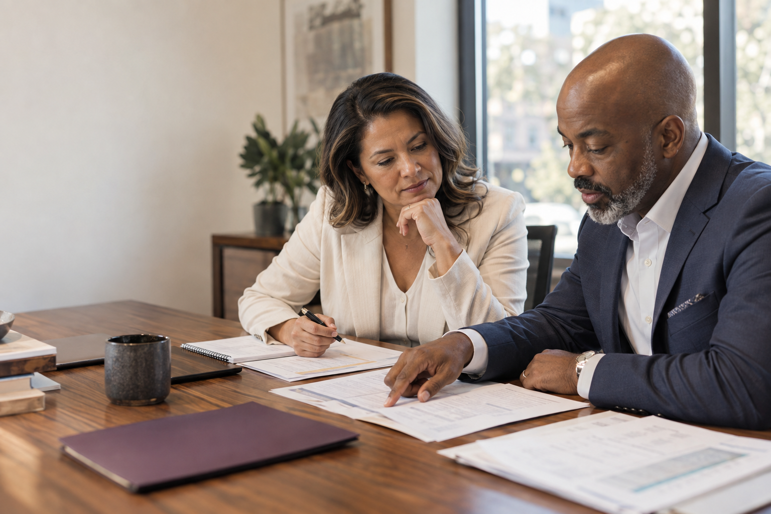 Business owner and financial professional discussing records