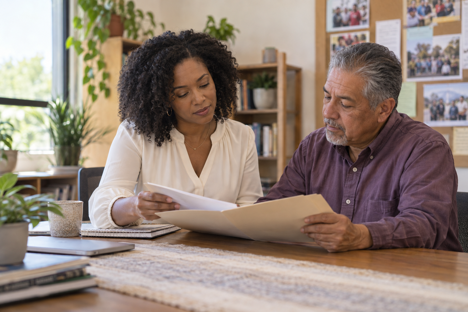 Two nonprofit leaders reviewing paperwork together at a meeting table.
