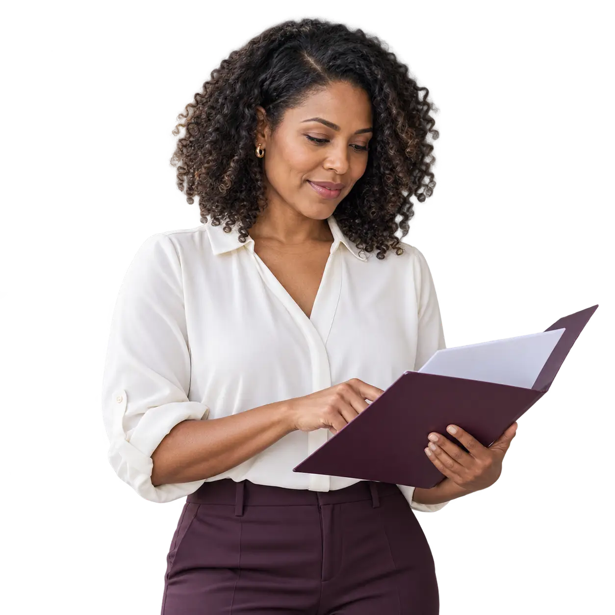 Illustrative business owner reviewing a folder of records.