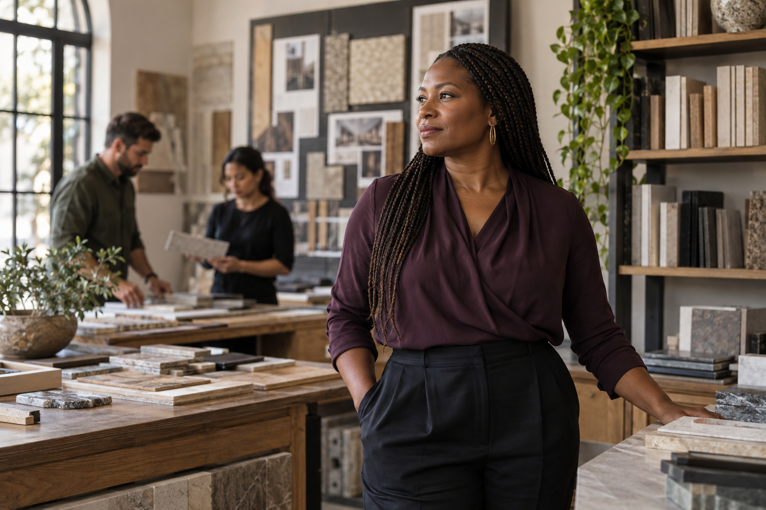 Business owner in an architectural materials showroom with her team at work.