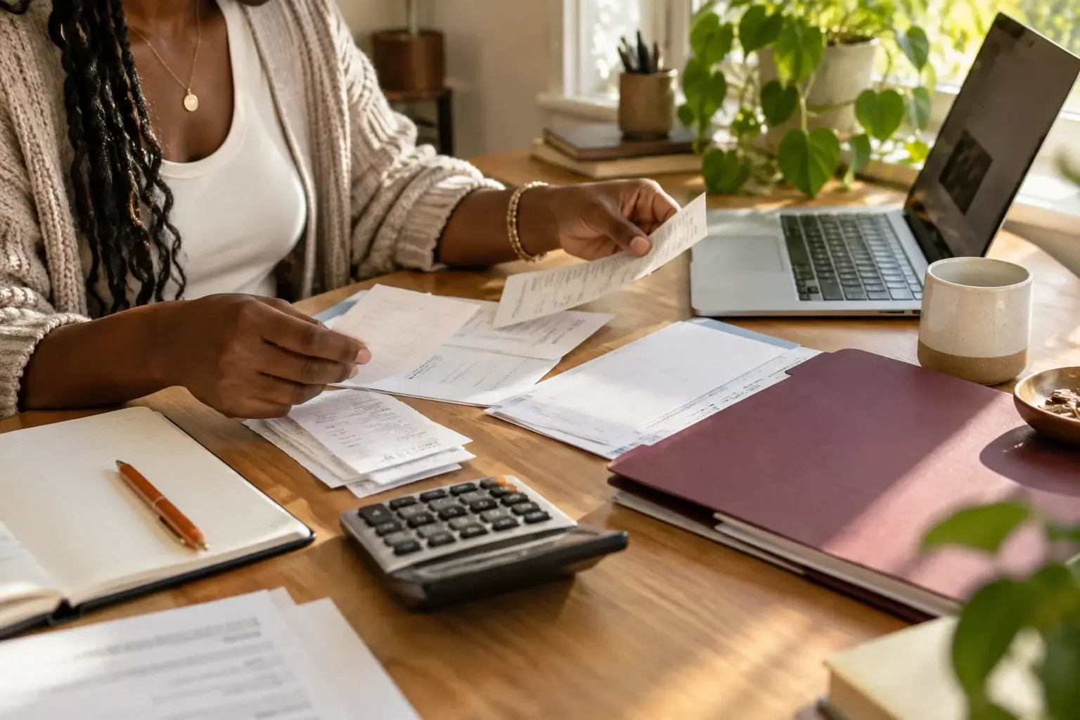 Business owner matching receipts and financial records beside a laptop