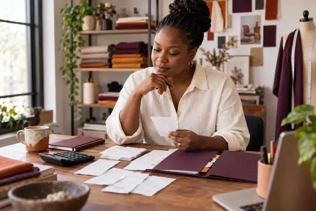 Business owner reviewing receipts and a document folder in a design workspace